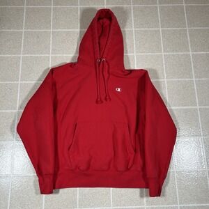 Vintage Champion Reverse Weave Hoodie Mens Medium Red Pullover Sweatshirt Y2K